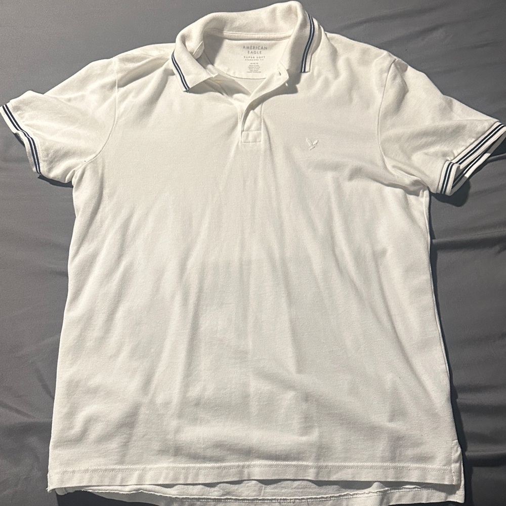 American Eagle Outfitters White Polo Shirt with Navy Accents